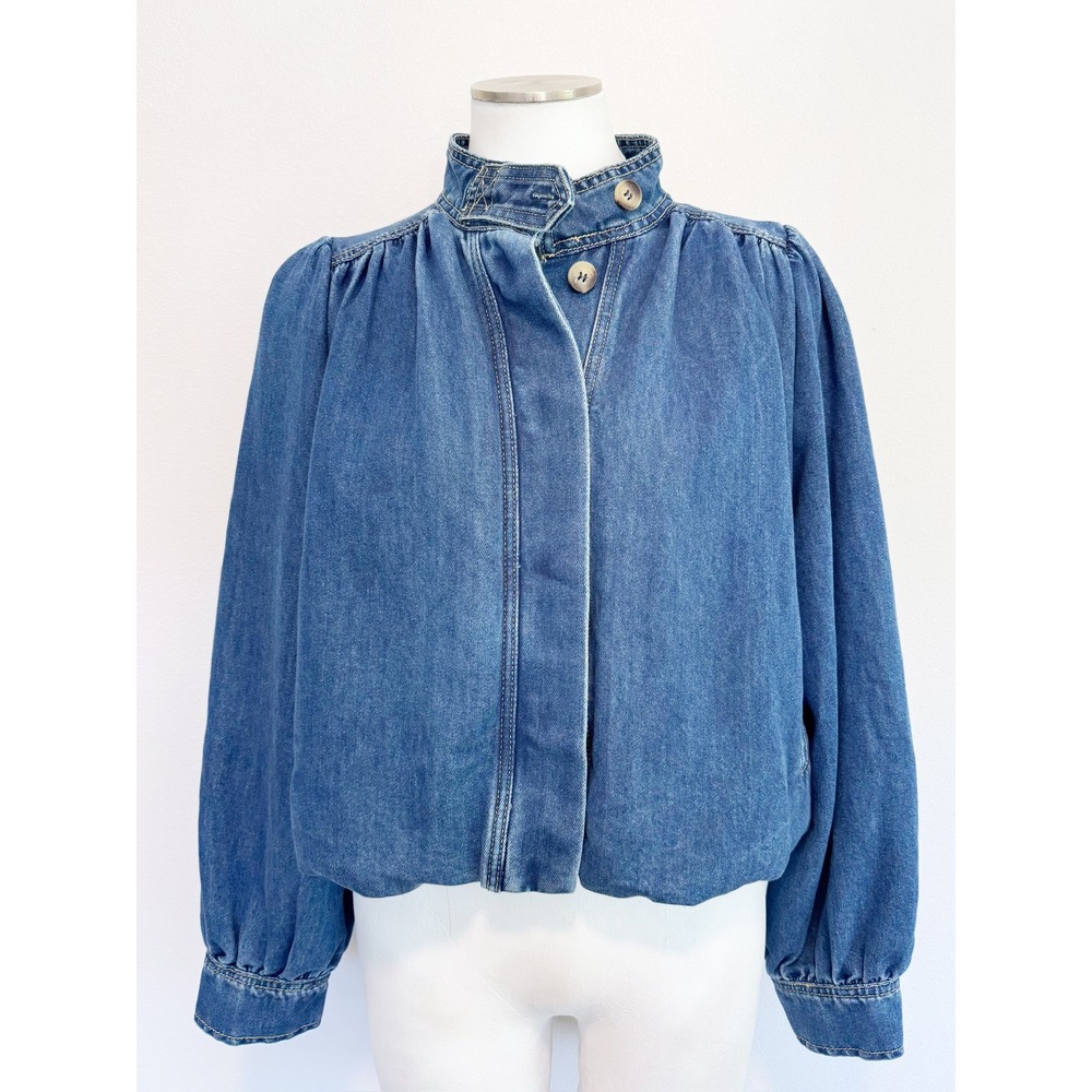 Bohme Marilyn Denim Pleated Bubble Jacket High Neck Puff Sleeve AJJ5856-B Small